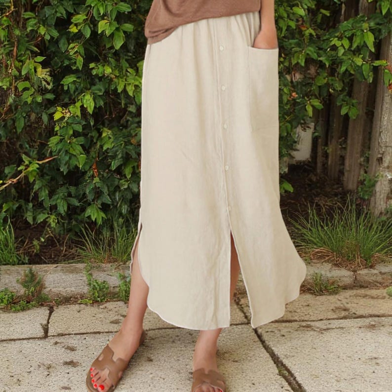 Elastic Linen Cotton Button Skirt: Bohemian Cottage Style Skirt with Pockets