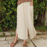 Elastic Linen Cotton Button Skirt: Bohemian Cottage Style Skirt with Pockets