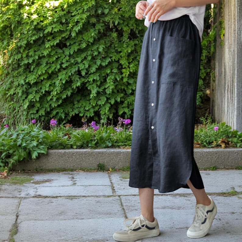 Elastic Linen Cotton Button Skirt: Bohemian Cottage Style Skirt with Pockets