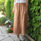 Elastic Linen Cotton Button Skirt: Bohemian Cottage Style Skirt with Pockets