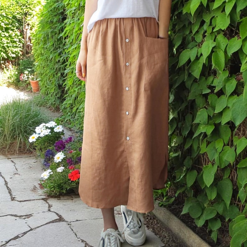 Elastic Linen Cotton Button Skirt: Bohemian Cottage Style Skirt with Pockets