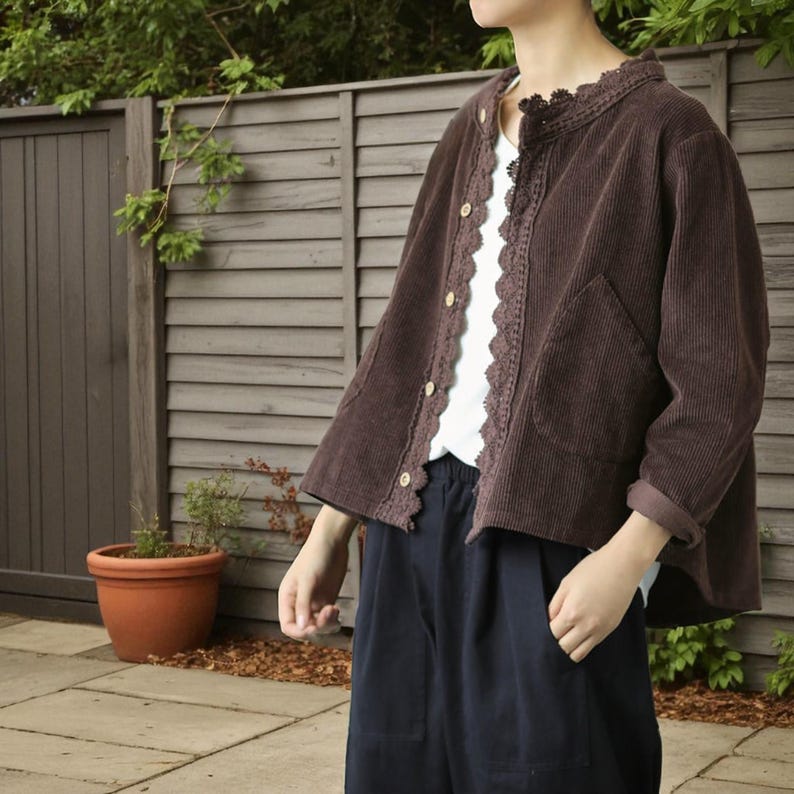 Corduroy Button Up Jacket – Cardigan for Autumn Winter Layering with Lace Trim and Pockets