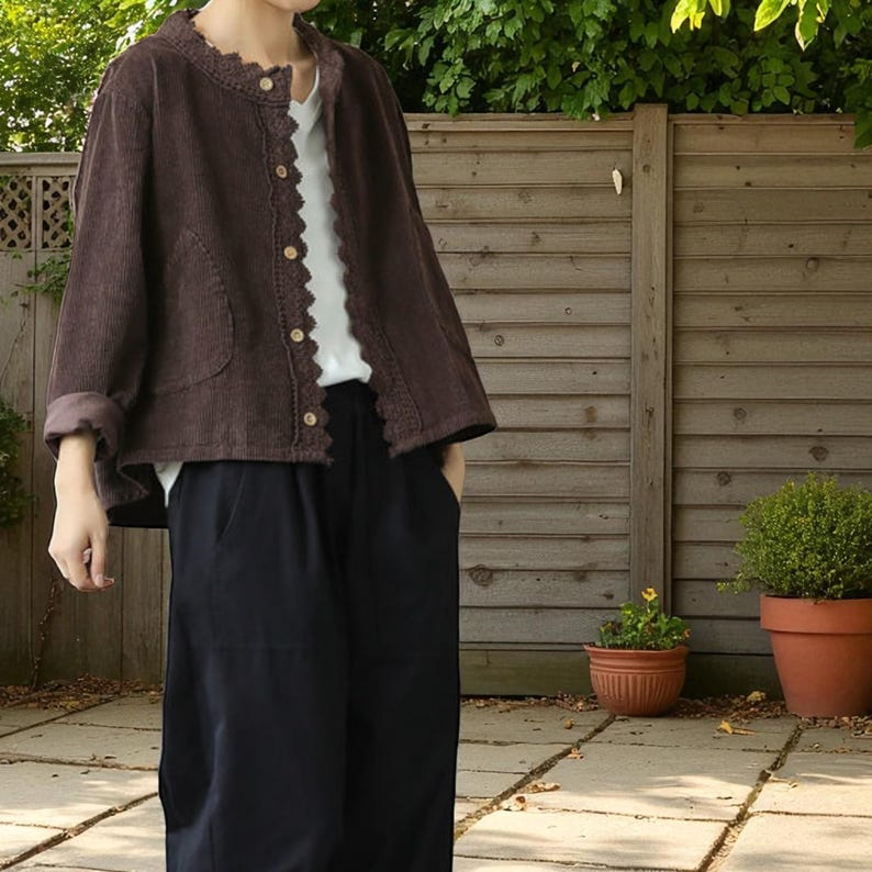 Corduroy Button Up Jacket – Cardigan for Autumn Winter Layering with Lace Trim and Pockets