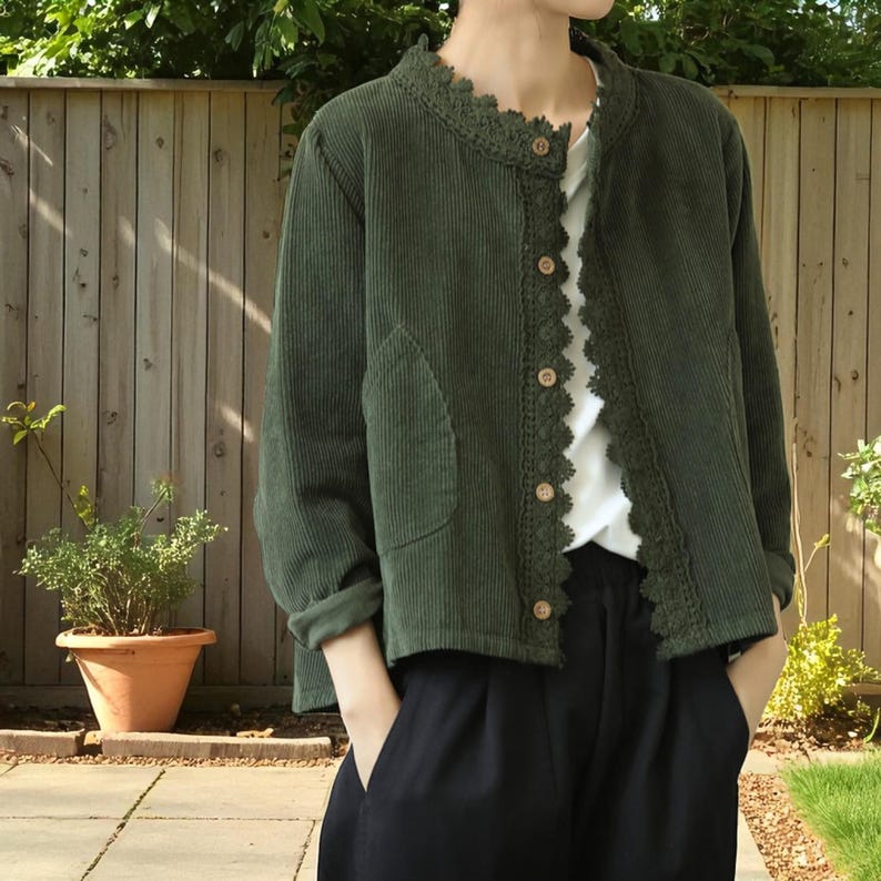 Corduroy Button Up Jacket – Cardigan for Autumn Winter Layering with Lace Trim and Pockets