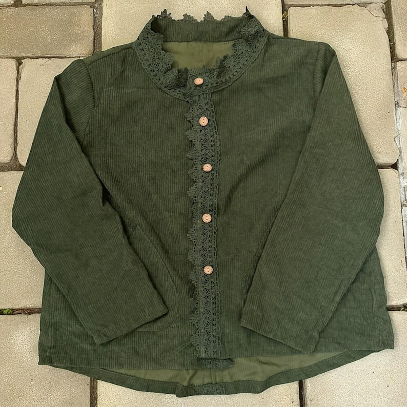Corduroy Button Up Jacket – Cardigan for Autumn Winter Layering with Lace Trim and Pockets