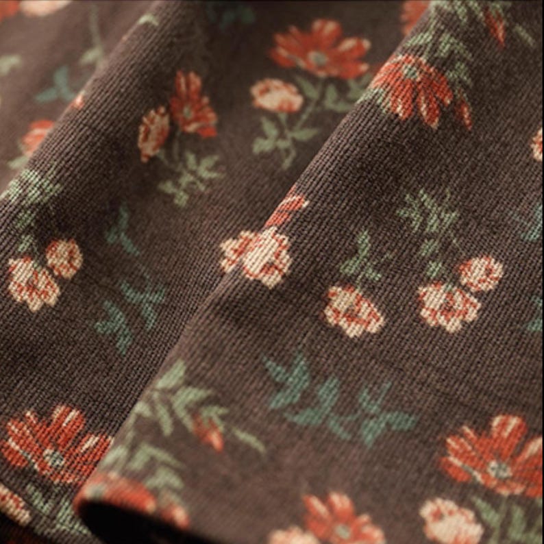 Corduroy Floral Elastic Waist Skirt: Retro Cottage Style Skirt with Pockets