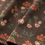 Corduroy Floral Elastic Waist Skirt: Retro Cottage Style Skirt with Pockets