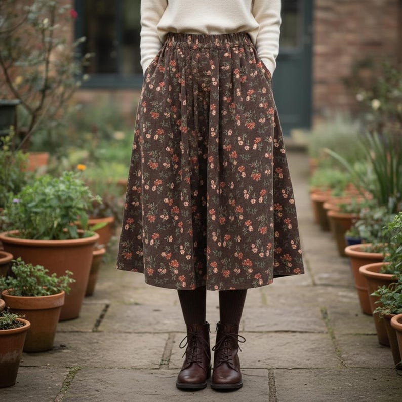 Corduroy Floral Elastic Waist Skirt: Retro Cottage Style Skirt with Pockets