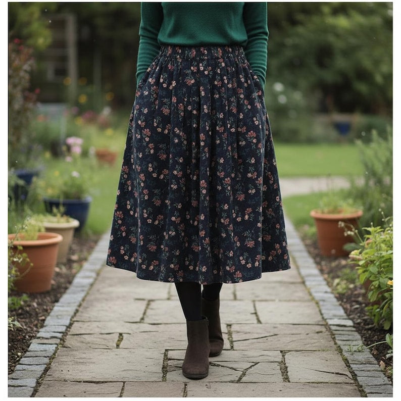 Corduroy Floral Elastic Waist Skirt: Retro Cottage Style Skirt with Pockets